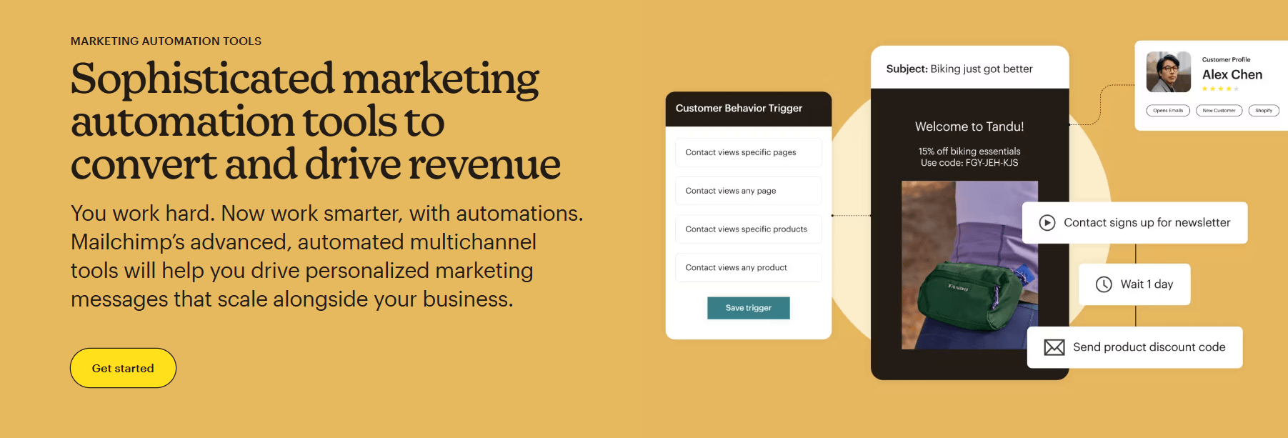 Mailchimp's marketing automation landing page promoting personalized emails, and workflow for converting leads into revenue.