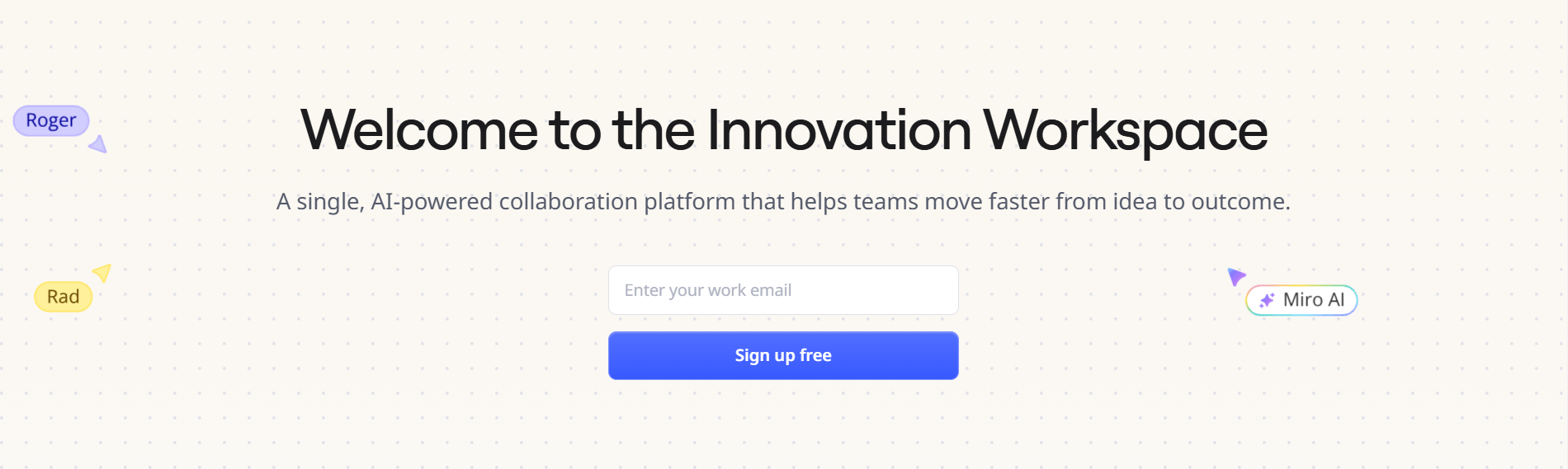 Miro's Innovation Workspace homepage promoting an AI-powered collaboration platform for transforming ideas into outcomes efficiently.