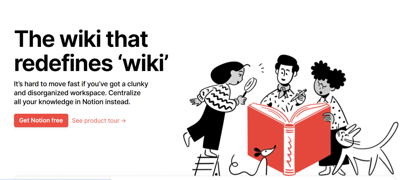 Notion page promoting its centralized wiki tool with a black-and-white illustration of people collaborating around a giant red book.