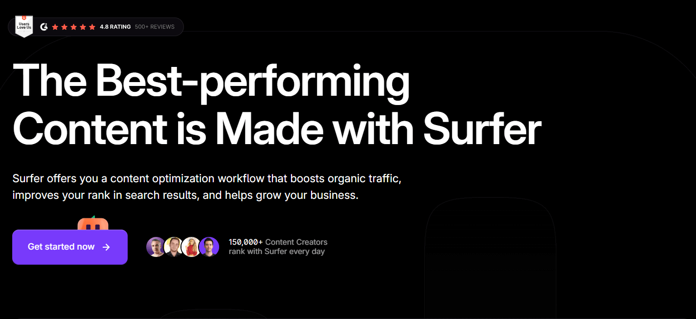 SurferSEO homepage highlighting content optimization to boost organic traffic, with a bold tagline and call-to-action on a dark background.