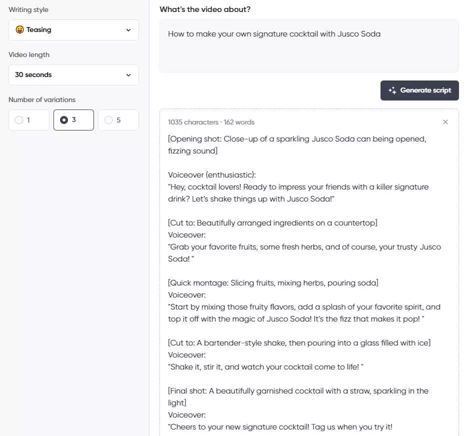 Screenshot of a script generator interface showing a teasing 30-second video script on how to create a signature cocktail with Jusco Soda.
