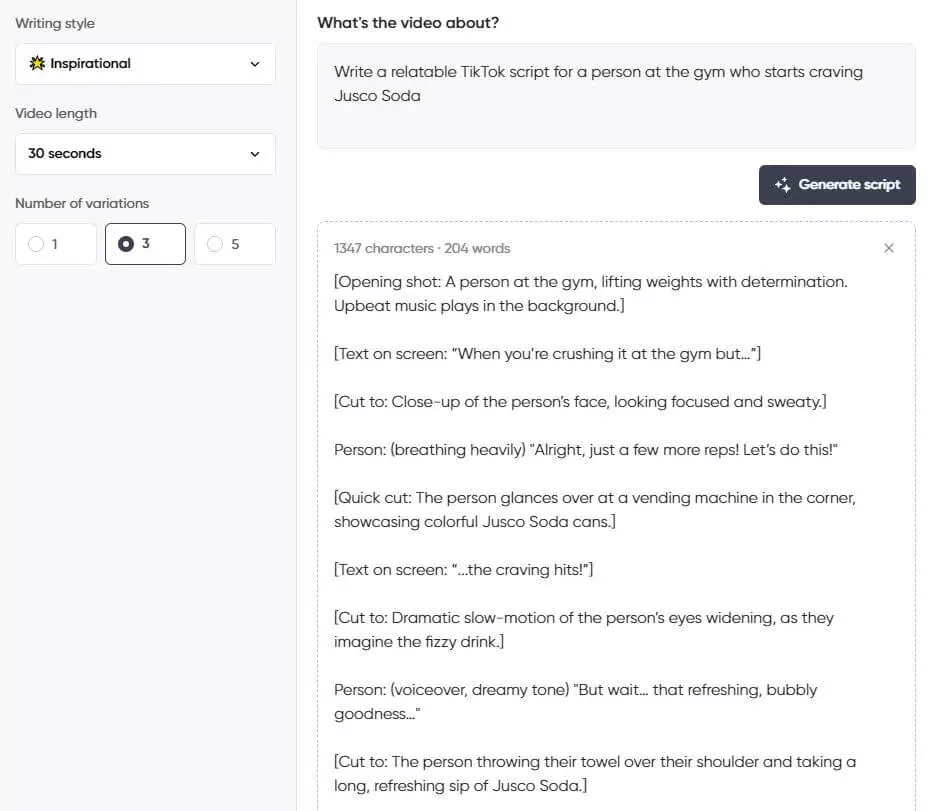 Screenshot of a script generator interface showing an inspirational 30-second TikTok script about a gym-goer craving Jusco Soda after a workout.