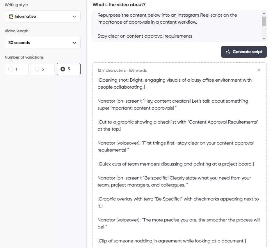 Screenshot of a script generator interface showing an informative 30-second Instagram Reel script about the importance of content approvals in workflows.