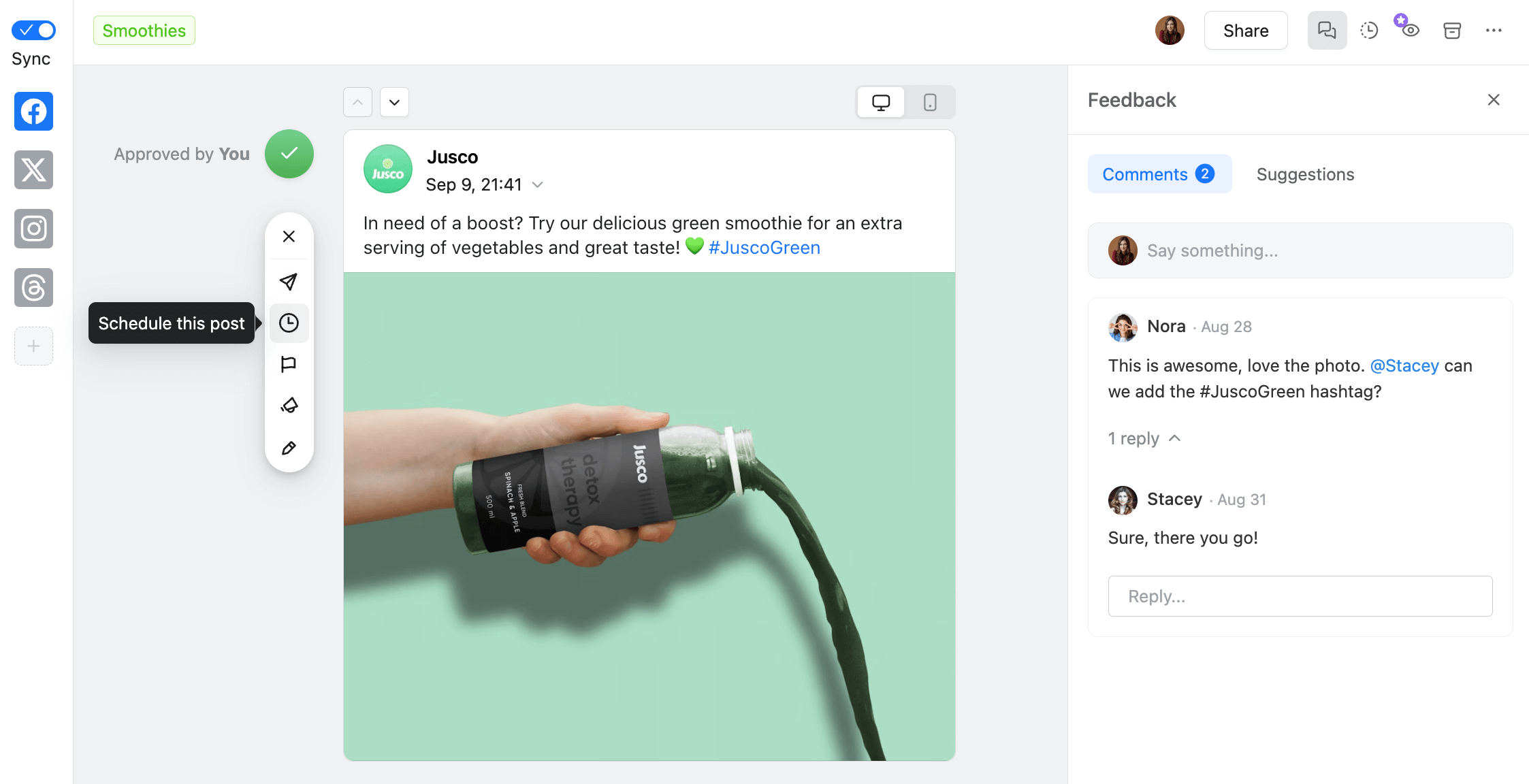 Planable's social media post editor featuring a green smoothie promotion from Jusco, with feedback comments and scheduling options visible.