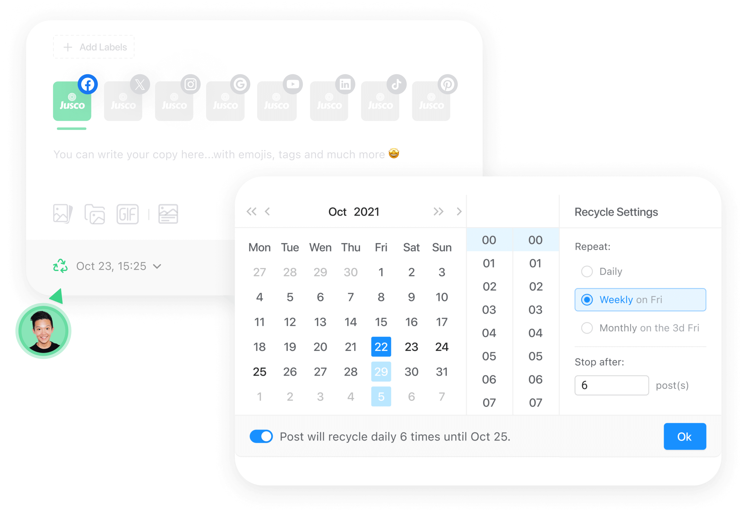 Planable's options for recycling posts, selecting platforms, and setting repeat schedules for automated publishing.