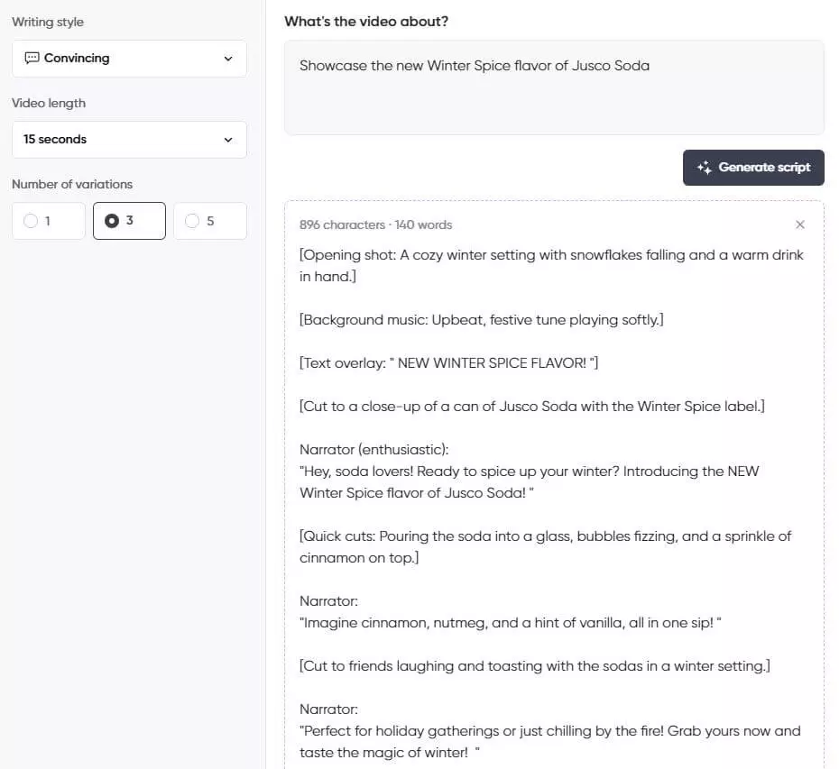 Screenshot of a script generator interface showing a convincing 15-second video script showcasing the new Winter Spice flavor of Jusco Soda.