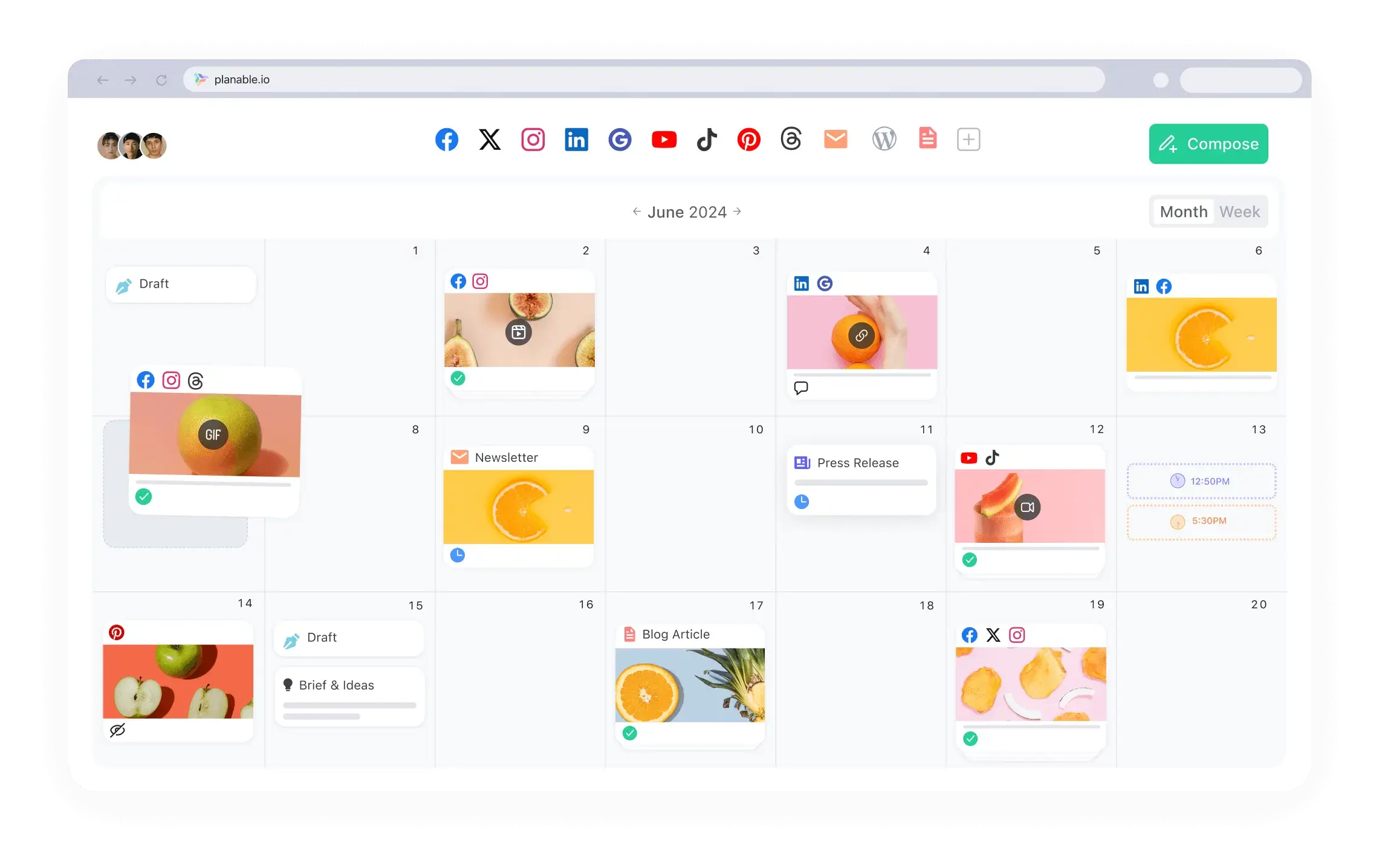 Social media content calendar for June 2024, displaying scheduled posts, drafts, newsletters, press releases, and blog articles in Planable