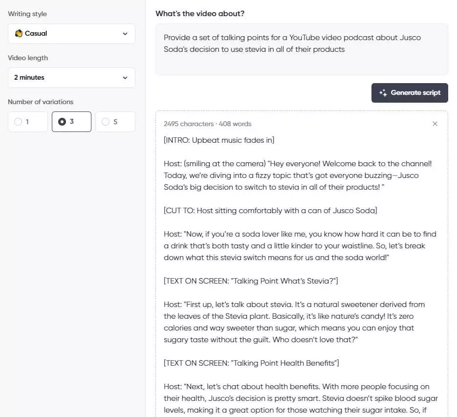 Screenshot of a script generator interface showing a casual 2-minute YouTube podcast script discussing Jusco Soda's decision to use stevia in all their products.