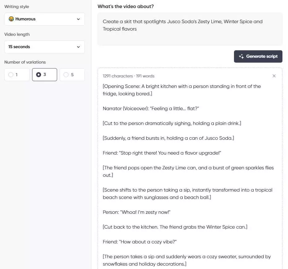 Screenshot of a script generator interface showing a humorous 15-second skit featuring Jusco Soda's Zesty Lime, Winter Spice, and Tropical flavors.