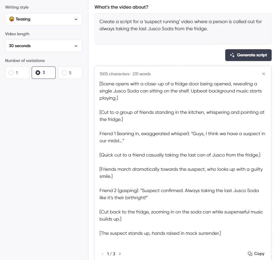 Screenshot of a script generator interface showing a teasing 30-second video script about calling out a friend for always taking the last Jusco Soda from the fridge.