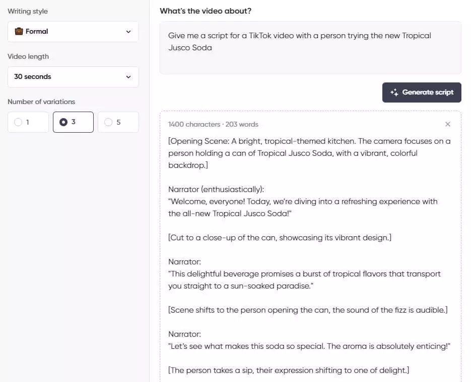 Screenshot of a script generator interface showing a formal 30-second TikTok script about a person trying the new Tropical Jusco Soda.