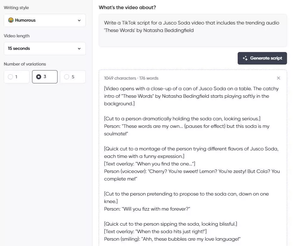 Screenshot of a script generator interface showing a humorous 15-second TikTok script for Jusco Soda using the trending audio "These Words" by Natasha Bedingfield.