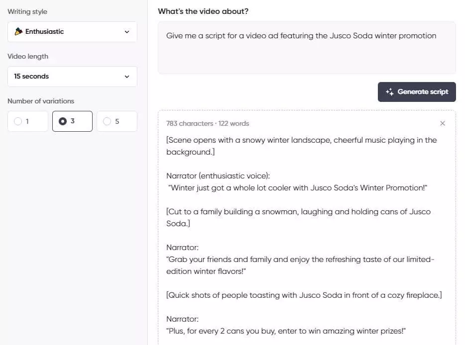 Screenshot of a script generator interface showing an enthusiastic 15-second video ad script for Jusco Soda's winter promotion.