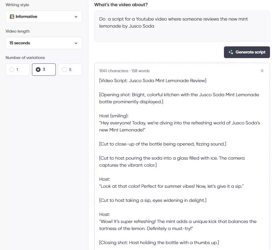 Screenshot of a script generator interface showing an informative 15-second YouTube video script where a host reviews Jusco Soda's new Mint Lemonade flavor.
