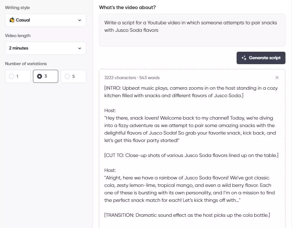 Screenshot of a script generator interface showing a script for a 2-minute casual YouTube video pairing snacks with Jusco Soda flavors.