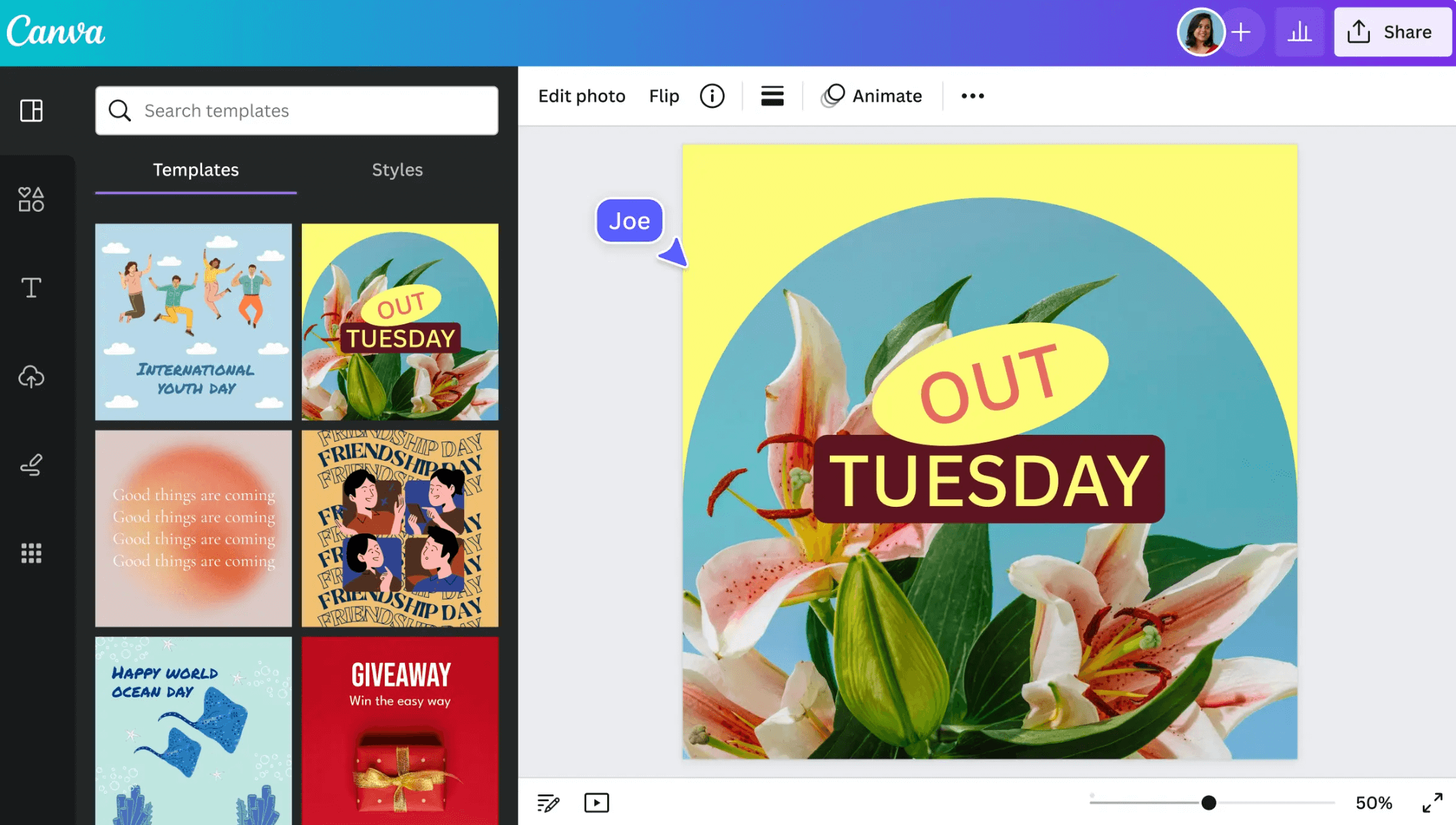 Canva editor showing a floral graphic design with "Out Tuesday" text, surrounded by template options for various themes and occasions.