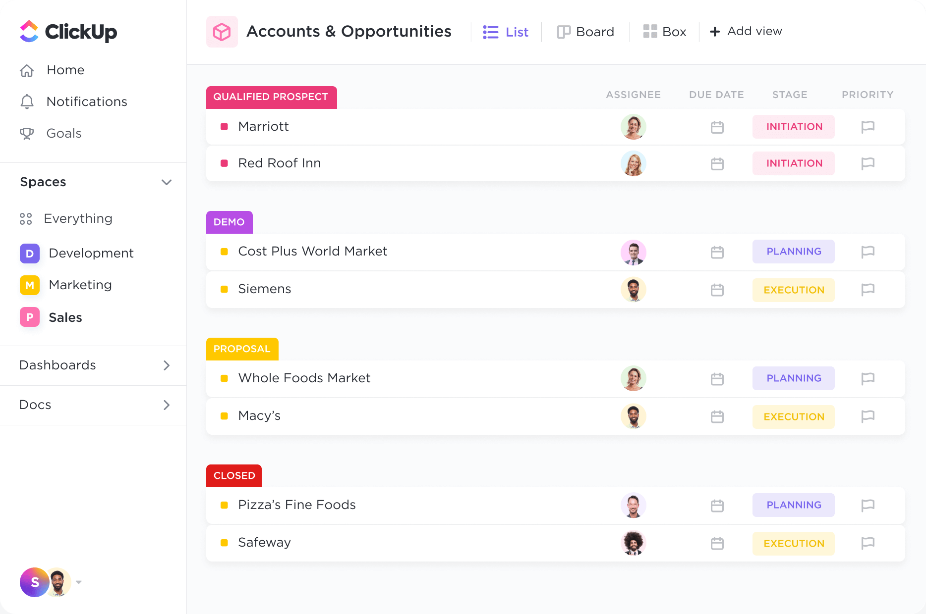 ClickUp dashboard showing accounts and opportunities organized by status: qualified prospect, demo, proposal, and closed, with assignees and stages.