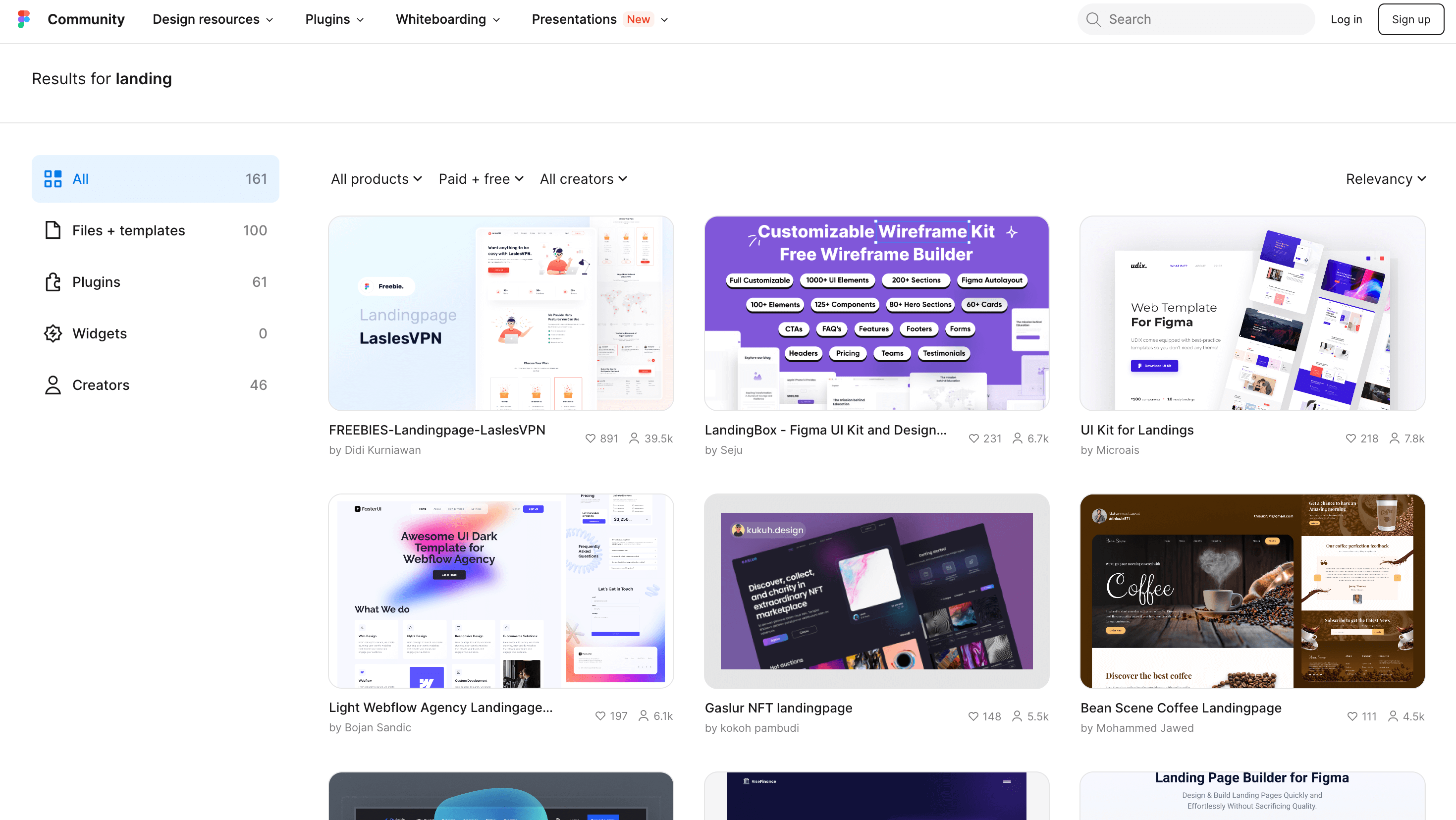 Figma Community search results for "landing," showcasing various templates and UI kits for landing pages, including free and paid options.