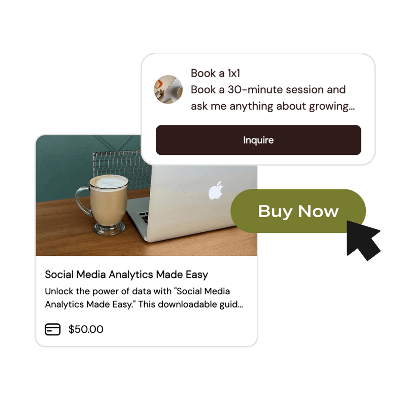 E-commerce preview featuring a guide titled "Social Media Analytics Made Easy" priced at $50, with options to book a 1-on-1 session or buy now.