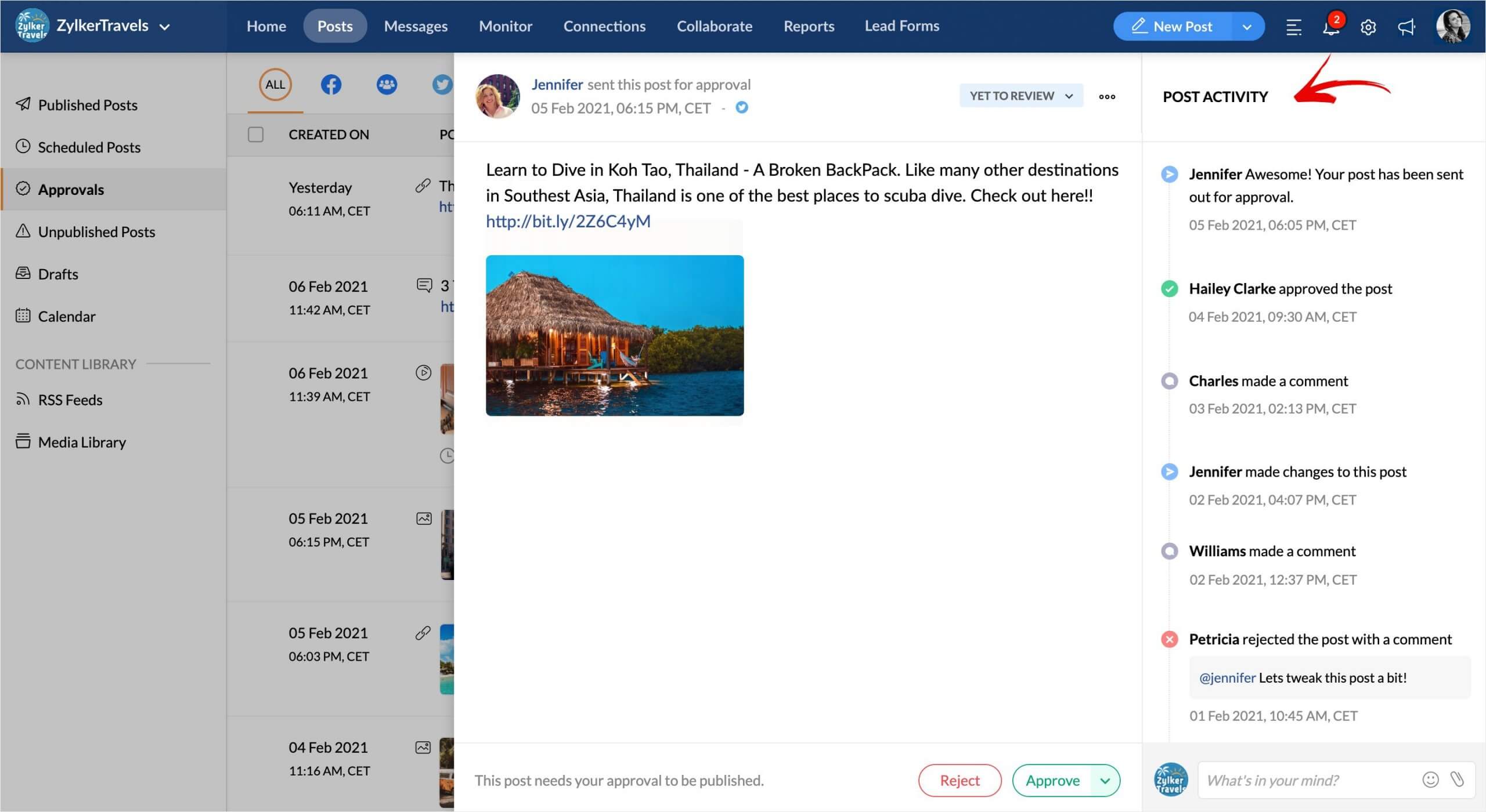 Zoho's post approval panel for a scuba diving ad in Koh Tao, Thailand, featuring a thatched hut over water, with activity log on the right.