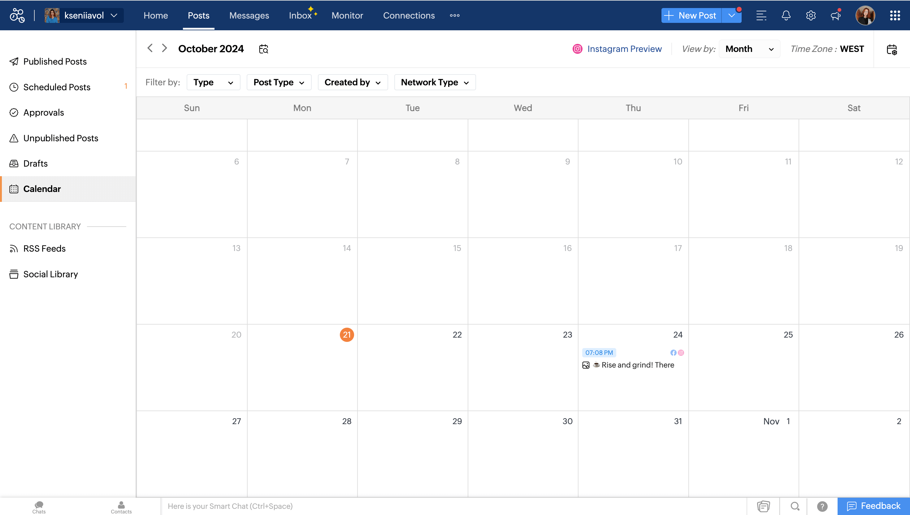 Zoho's social media scheduling calendar view showing October 2024 with one scheduled post on October 24 at 7:08 PM.