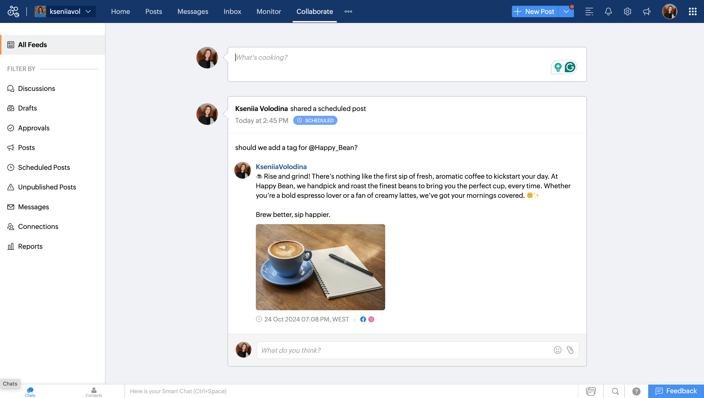 Zoho's collaboration panel showing a scheduled coffee-themed post with a latte and notebook image, asking about adding a tag for @Happy_Bean.