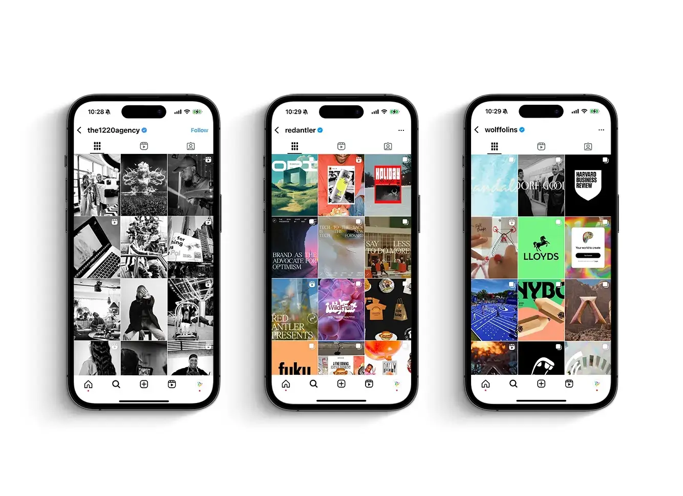 Three smartphones display Instagram profiles of marketing agencies, showcasing various posts with creative visuals and branding projects.