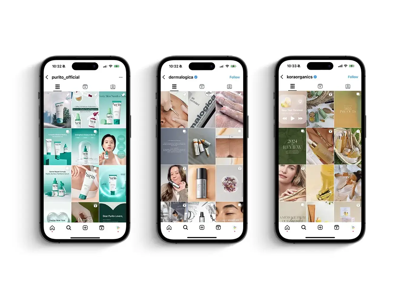 Three smartphones display Instagram profiles of skincare and beauty brands, featuring product images, skincare routines, and customer testimonials.