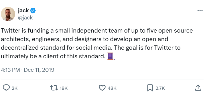 Jack Dorsey's tweet from December 11, 2019, about funding a team to develop a decentralized social media standard, with engagement stats below.