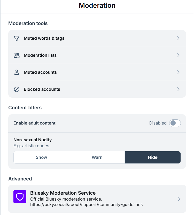 Moderation settings interface showing tools for muting, blocking, content filters, and Bluesky Moderation Service options.