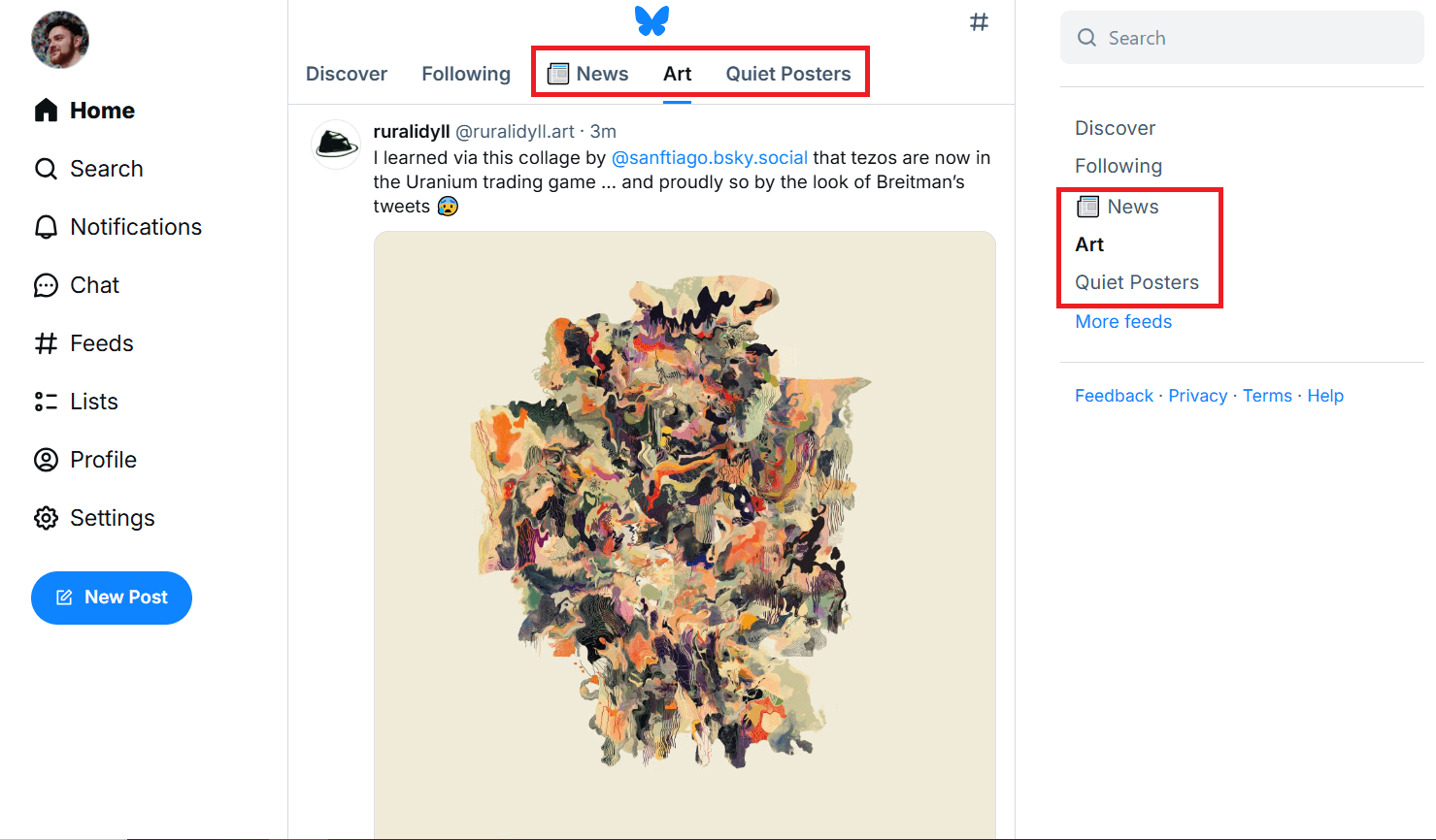 Bluesky interface highlighting tabs like "News," "Art," and "Quiet Posters," with an abstract digital artwork in the feed.