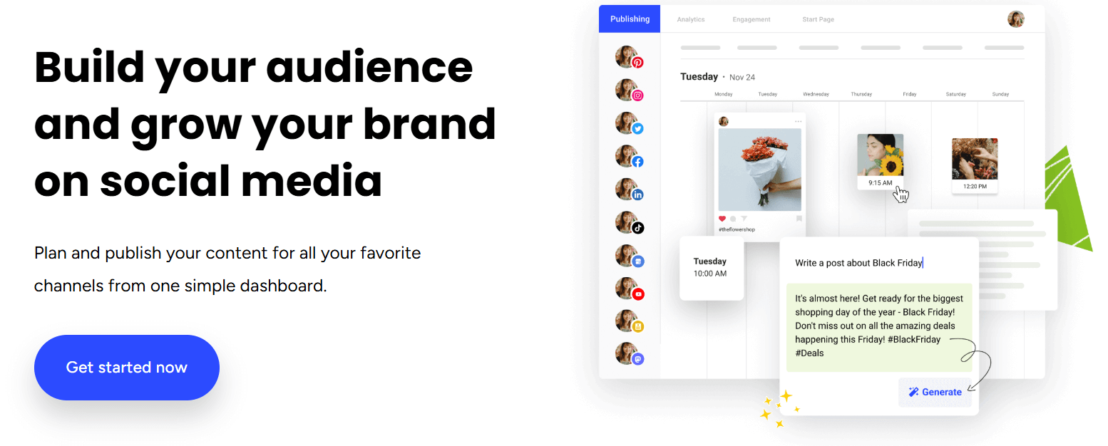 Buffer's Social media management landing page showing scheduled posts and a Black Friday content suggestion for audience engagement.