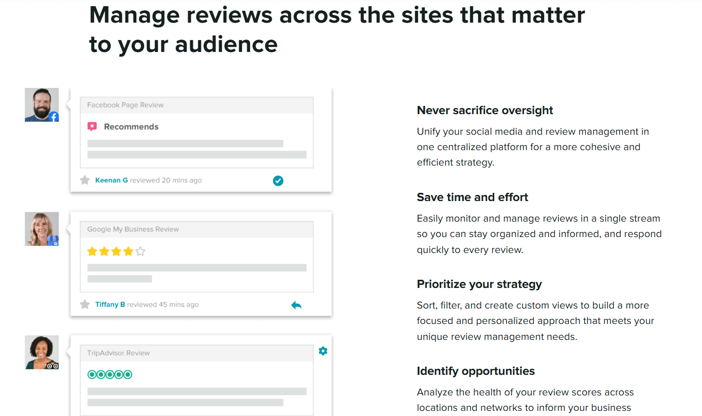 Sprout Social's landing page showing a section with reviews from Facebook, Google My Business, and TripAdvisor alongside tips for unified review management.