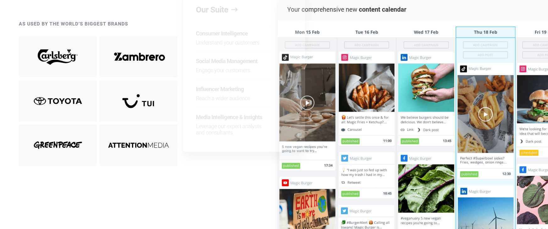 Brandwatch's content calendar showcasing scheduled posts for "Magic Burger" across platforms, alongside logos of global brands using the service.