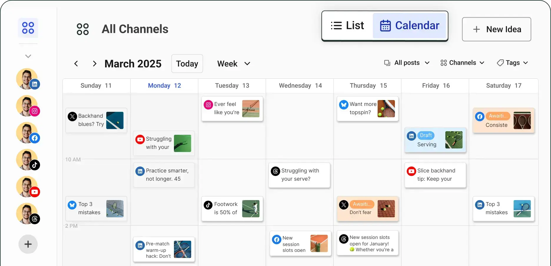 Content calendar in Buffer showing multiple posts with image and title, in a simple monthly table.