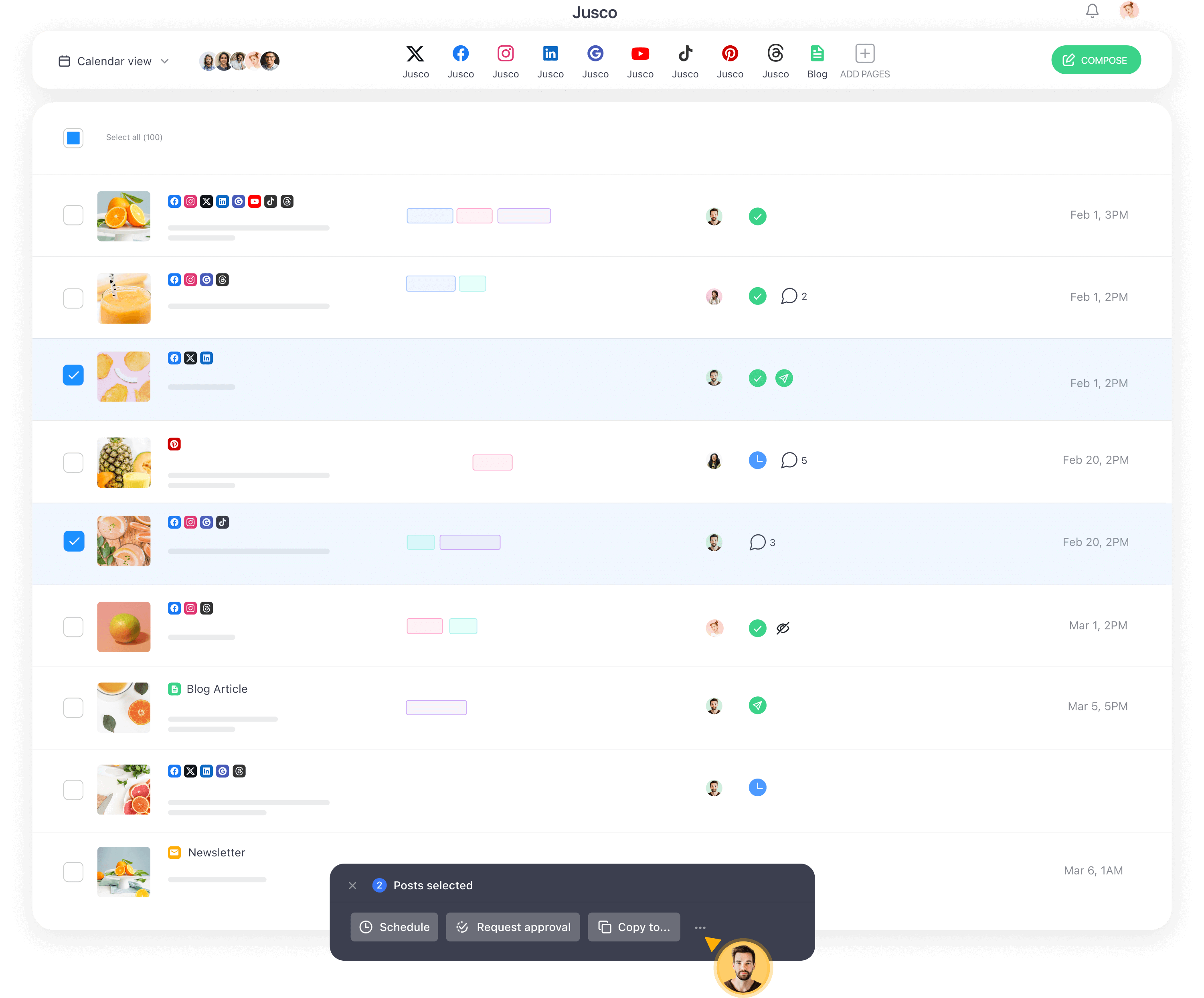 Planable's bulk scheduled posts for multiple social media platforms with approval statuses, and publication dates.