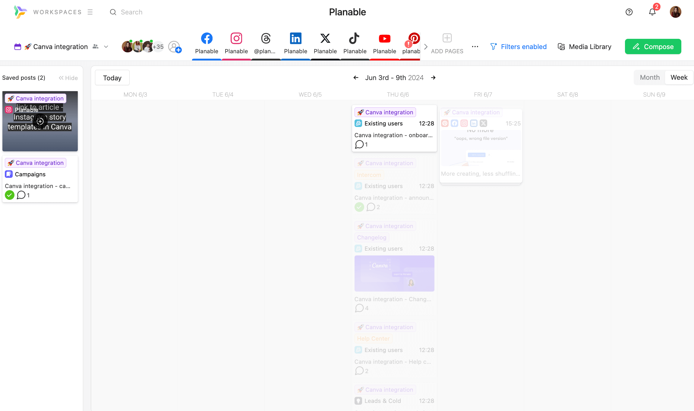 Planable workspace displaying a content calendar with scheduled posts for Canva integration across multiple social media platforms.