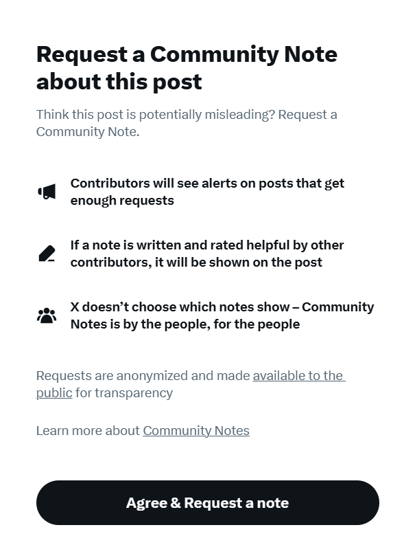 Interface for requesting a Community Note on a post, explaining the process, transparency, and contributor involvement, with a request button.