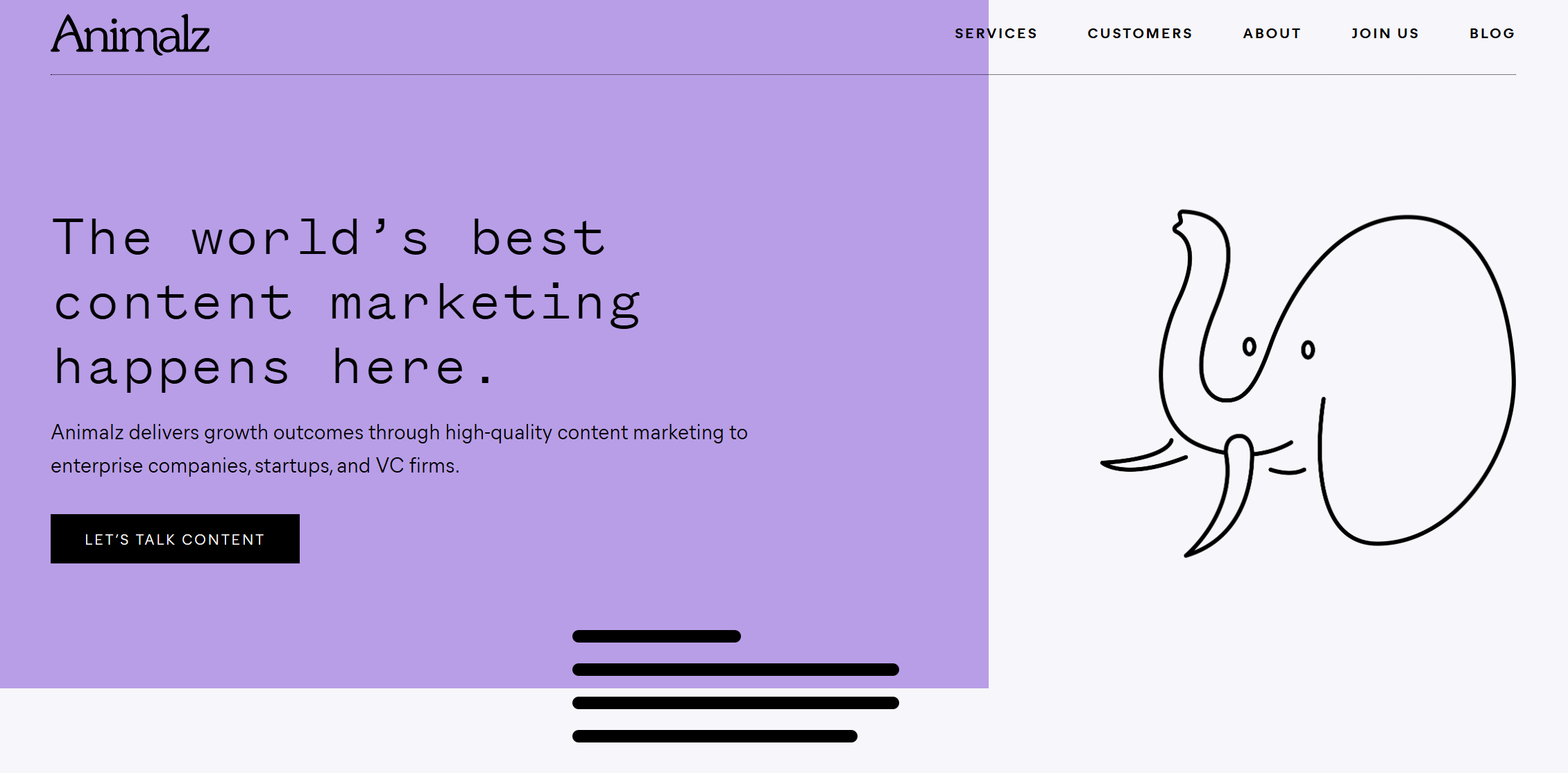 Animalz homepage with text highlighting high-quality content marketing services and a minimalistic elephant illustration.