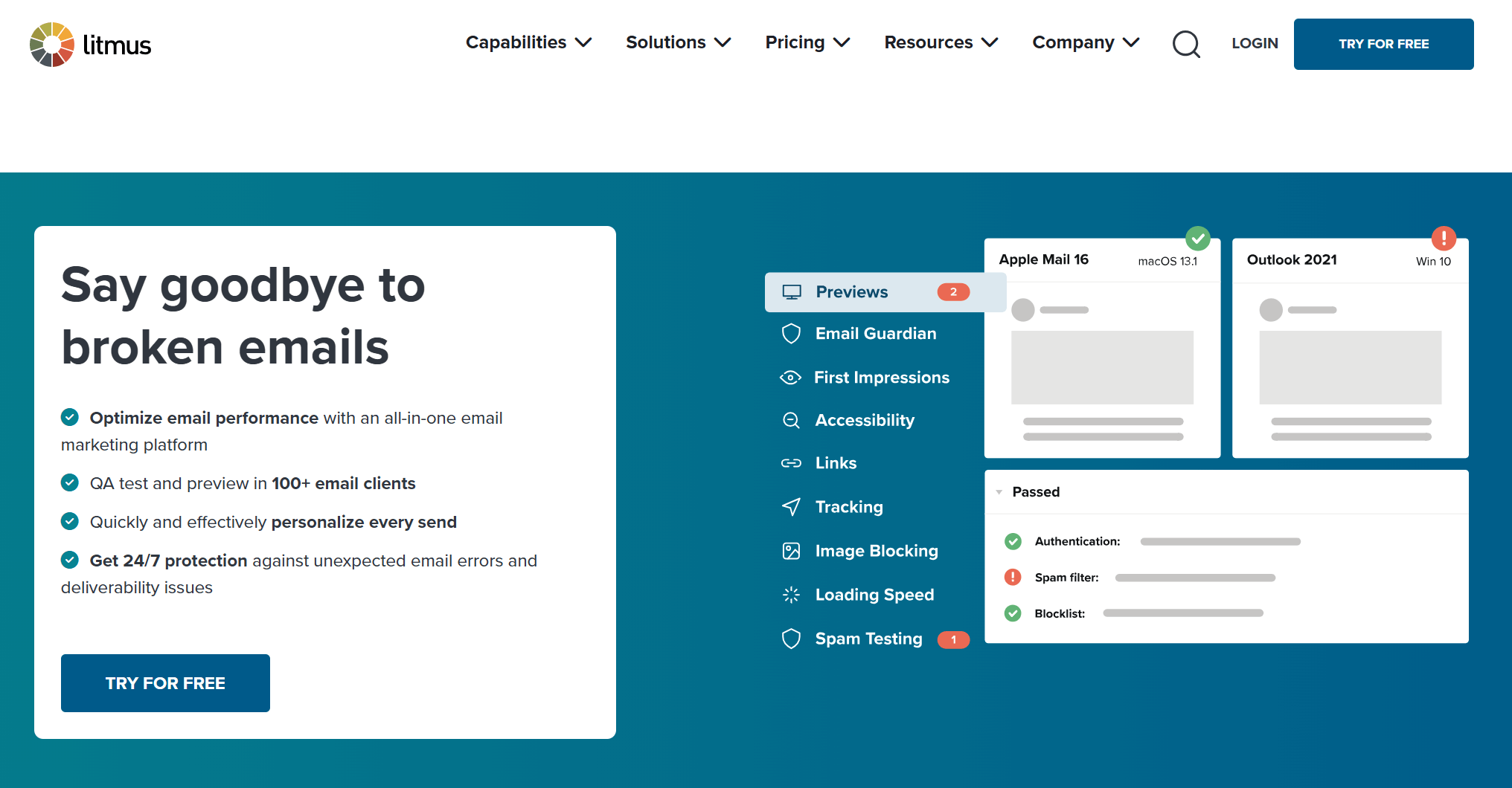 Litmus homepage showcasing email optimization tools, QA testing across 100+ clients, and email error prevention features.