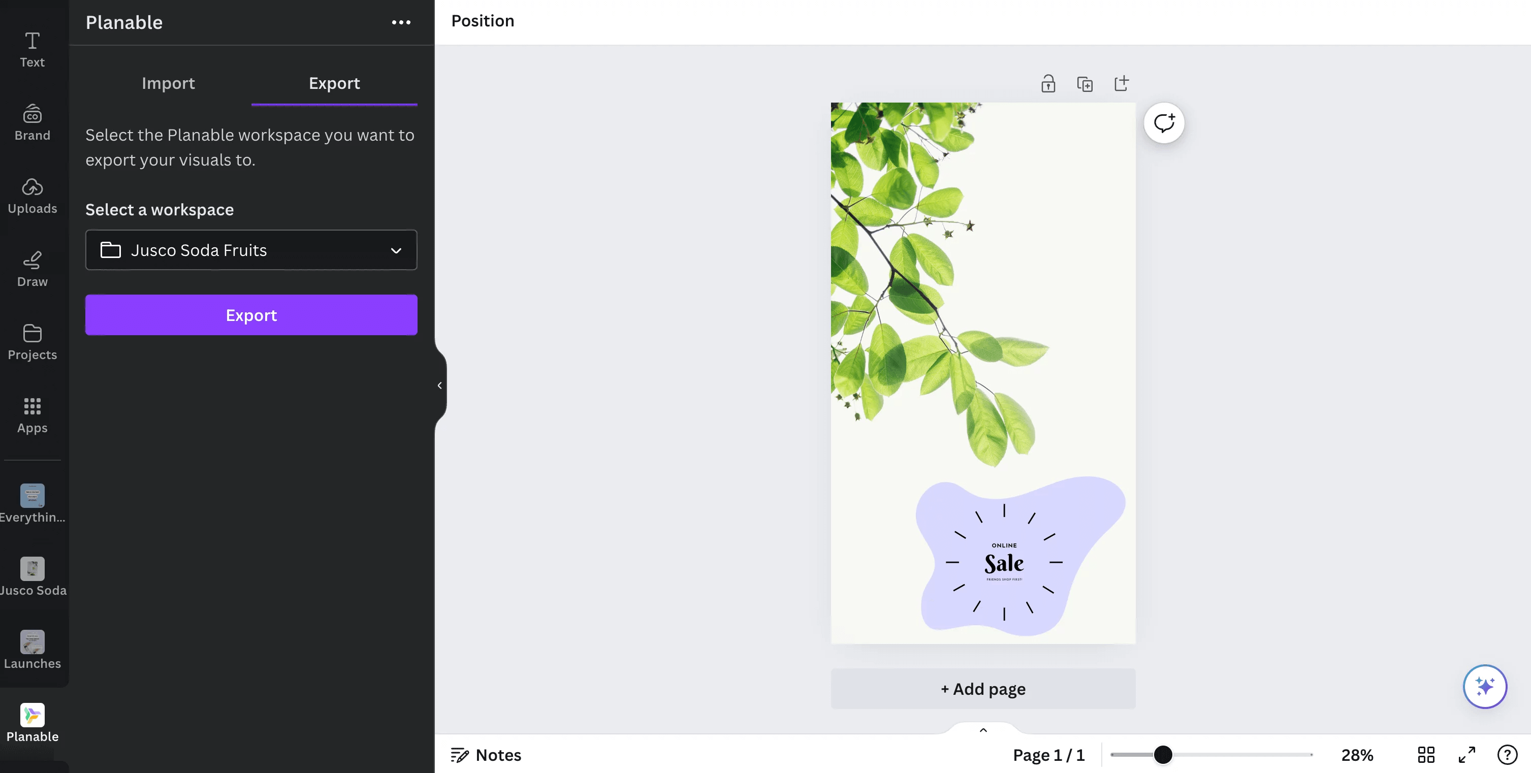 Design export interface in Canva to send their creations directly to their Planable with a sale-themed visual featuring green leaves and a purple sale tag on the right.