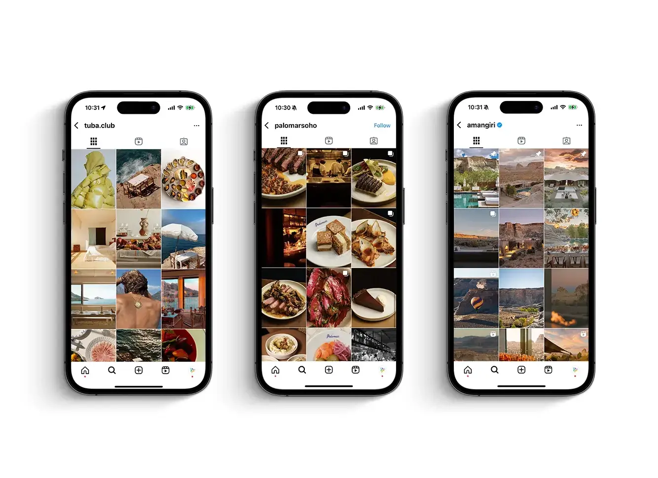 Three smartphones show Instagram profiles of Horeca agencies, highlighting gourmet dishes, dining experiences, and scenic locations from restaurants and resorts.