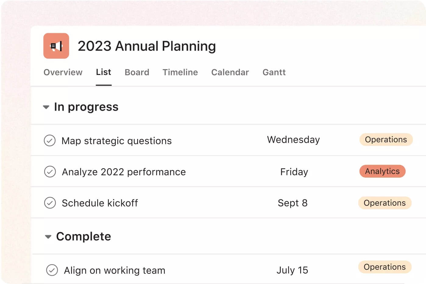 Asana's annual planning dashboard with tasks categorized as "In progress" and "Complete," showing due dates and assigned departments.