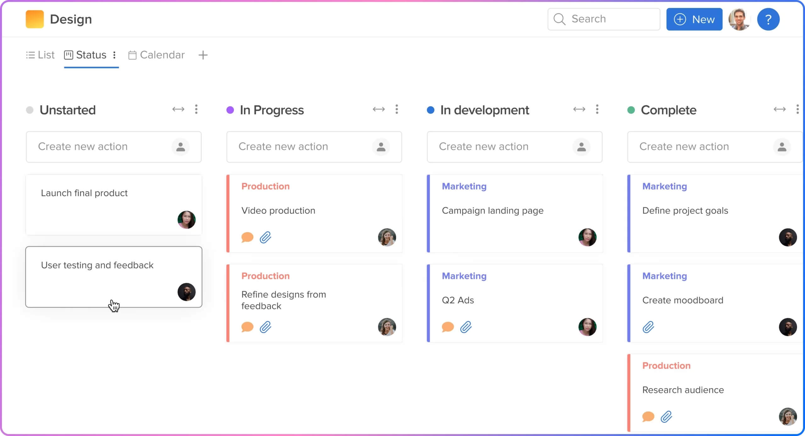 Hive's design project board displaying tasks in "Unstarted," "In Progress," "In Development," and "Complete" columns with assigned team members.