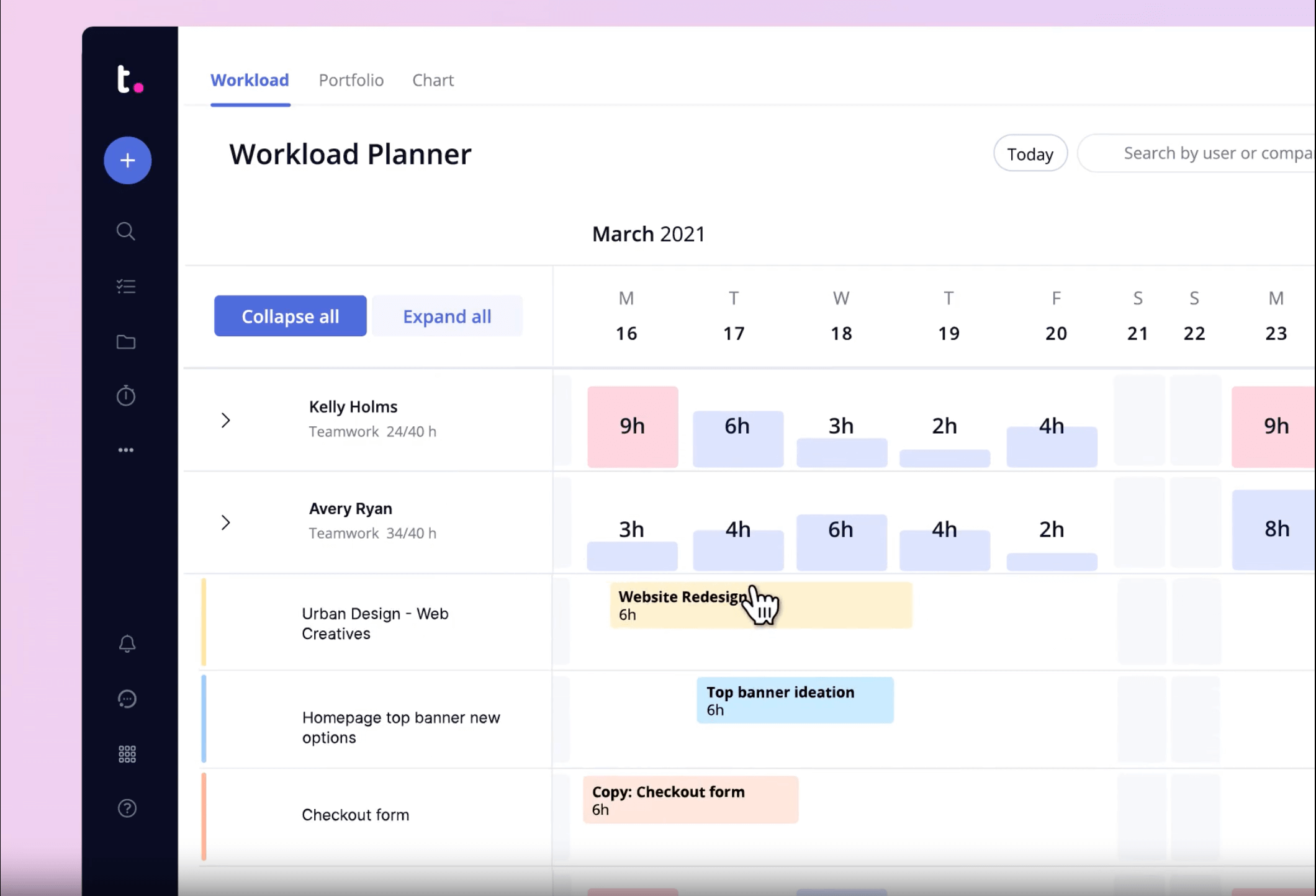 Teamwork's workload planner displaying team members' assigned hours, tasks, and weekly schedules with time allocation per day.