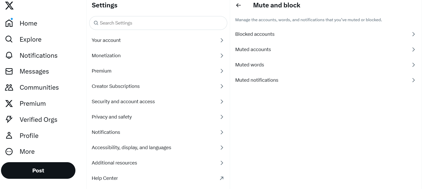 Settings menu in a social media platform with options like account management, privacy, and "Mute and block" tools highlighted.