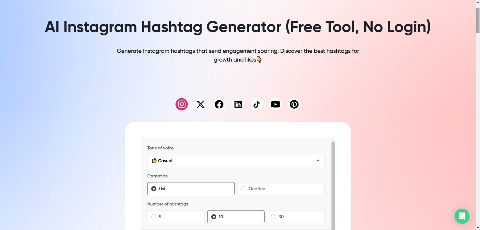 Interface of an AI Instagram Hashtag Generator tool, showing options to select tone, format, and number of hashtags for posts.