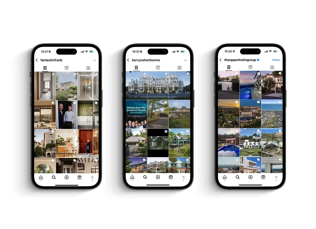 Three smartphones display Instagram profiles of real estate agencies, featuring luxury homes, interior designs, and sold properties.