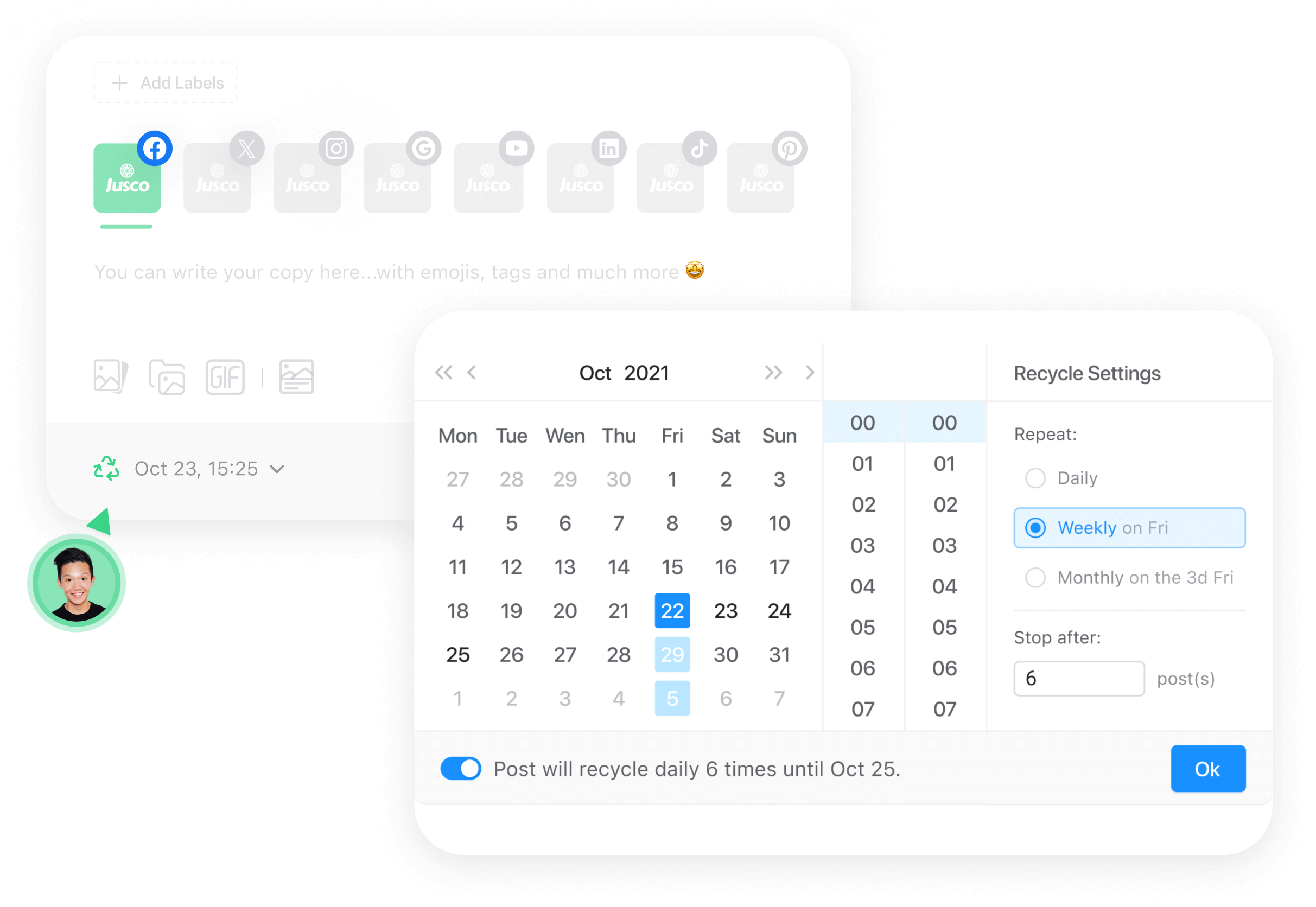 Planable recycle settings for a Facebook post, set to repeat weekly on Fridays until October 25.