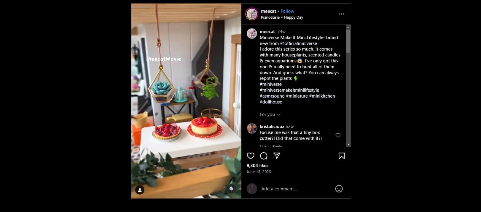 Miniature display featuring hanging terrariums, desserts, and decor in a dollhouse setting from Miniverse Make It Mini Lifestyle.